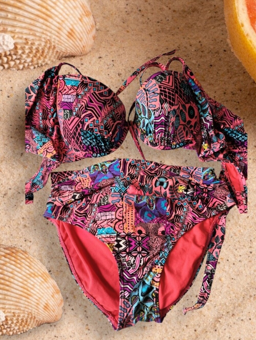 La Vie En Rose Pink Multicolor Abstract & Floral Bikini Set